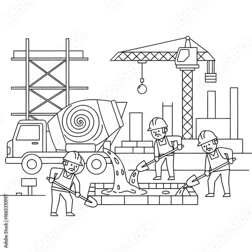 Construction Workers Pouring Concrete A Coloring Page