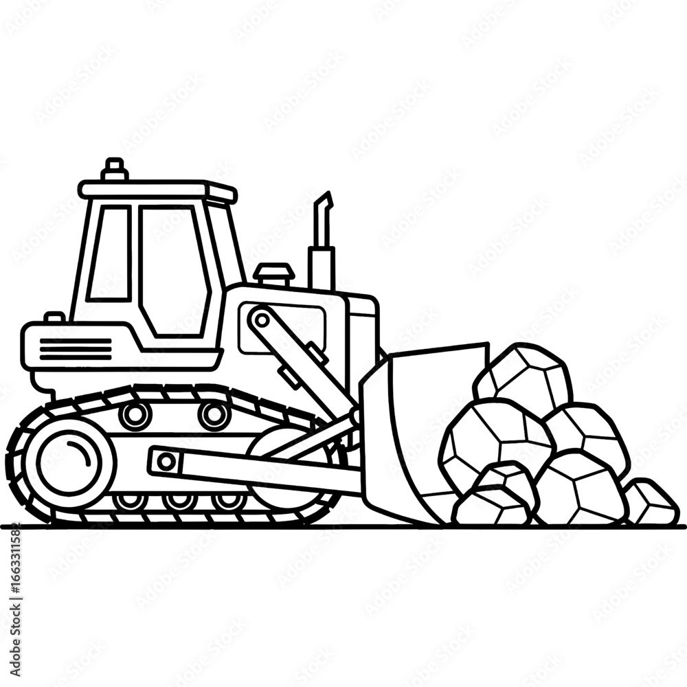 Naklejka premium Outline drawing of a heavy-duty construction bulldozer with tracks pushing a large pile of rocks, ideal for a coloring book activity or industrial design concept