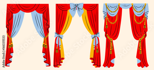 Red, blue yellow curtains set. Various wavy luxury curtains, different shapes, golden ties, cords, tassels. Decorative cloth. Hand drawn trendy Vector illustration. Isolated design elements