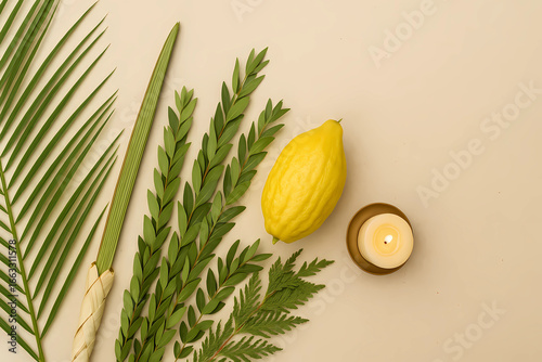 Sukkot festival: Lush branches of palm trees, willow, myrtle and etrog. Visual
symbols of this event. A Jewish holiday.
