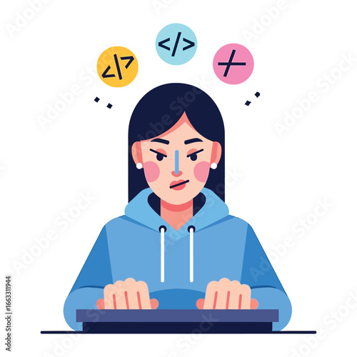 Code Conundrum: A determined coder with a focused expression, surrounded by coding symbols, working on the keyboard with dedication.