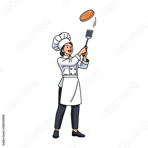 Chef Tossing Pancake: A skilled chef, wearing a classic white chef's uniform, expertly tosses a pancake in the air with a spatula.  The illustration is vibrant and full of energy.