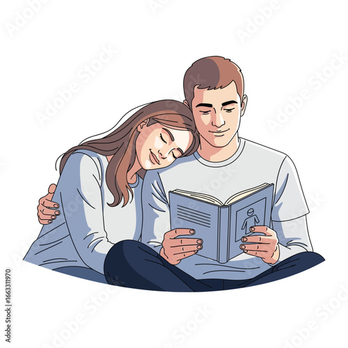 Serene moments: A tender illustration depicts a couple absorbed in reading a book, the soft lines and colors embodying a sense of calm and the quiet joy of shared moments.