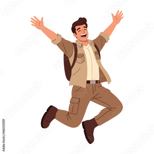 Adventure Beckons: A jubilant adventurer leaps for joy, exuding exhilaration against the backdrop of nature. He embraces the freedom and thrill of the great outdoors.