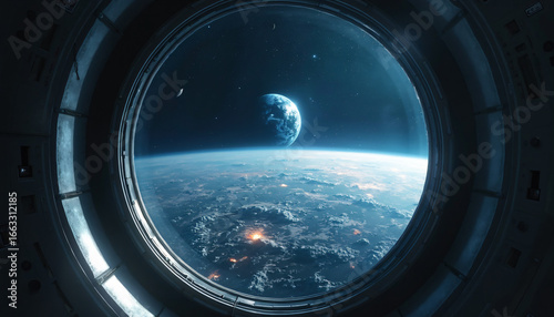 Fototapeta Naklejka Na Ścianę i Meble -  Earth and Planet View Through Space Station Window