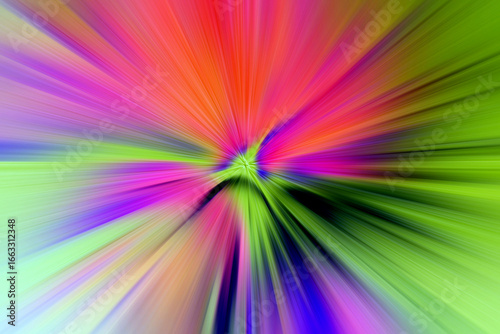 Abstract surface of radial blur zoom in orange, green, purple, pink tones.  vibrant explosion effect and dynamic glowing background.