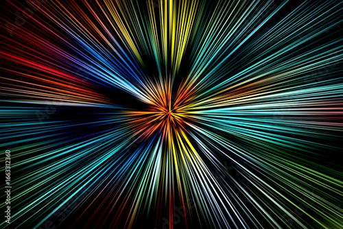 Abstract surface of radial blur zoom in red, yellow, blue, green, orange tones on a black background. creating vibrant light streaks with cosmic and dynamic energy.