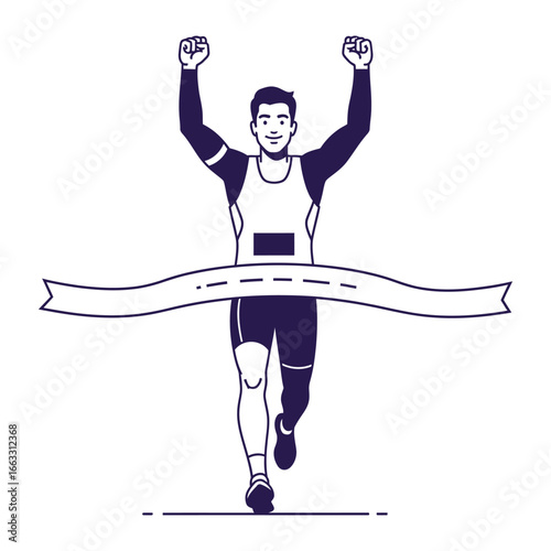 Victory's Embrace: An athlete bursts through the finish line with arms raised in triumphant celebration, a monochrome illustration of speed and accomplishment.