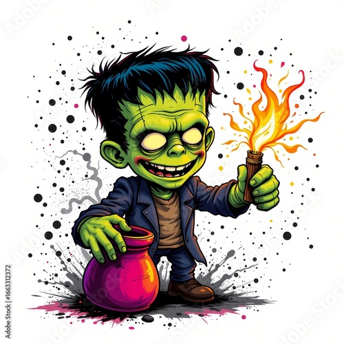 a charming frankenstein performing a magic trick, rendered in a colorful comic style with ink splatter on white background.