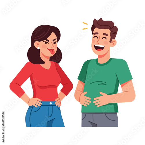 Teasing and Laughter: A cartoon illustration showing a woman teasing a laughing man with a playful and lighthearted interaction, creating a scene of humor and amusement.