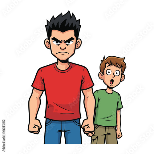Animated illustration: Expressive artwork showing an older brother's serious expression and the younger brother's scared expression. This piece captures the relationship between the two brothers.