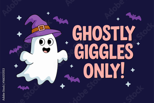Ghostly giggles only vector, smiling ghost with hat, friendly Halloween lettering, starry night
