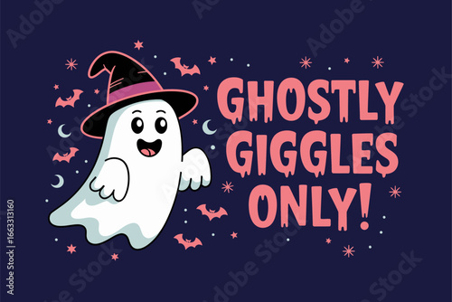 Ghostly giggles only poster, cheerful ghost character, purple night sky, playful Halloween vibe