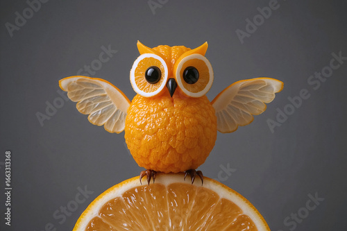 Whimsical owl fruit art on citrus slice