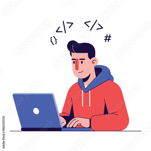 Coding Enthusiast: A dedicated individual is engrossed in coding on a laptop, surrounded by programming symbols that symbolize the world of digital creativity and innovation. 