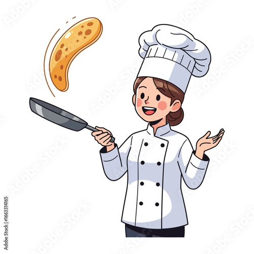 Culinary Creation: A chef artistically flips a pancake in mid-air, the essence of a culinary performance. Capturing the joy of cooking, the focus here is on food preparation and gourmet expertise.