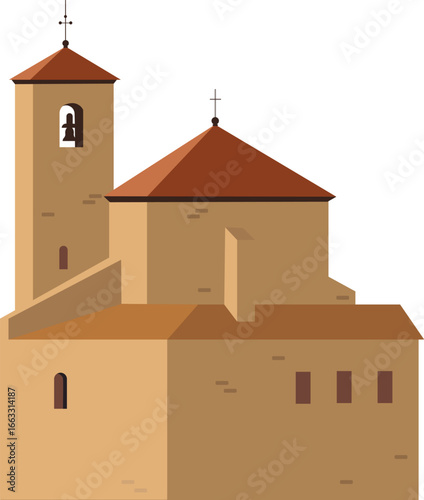 Vector illustration of traditional monastery with terracotta roofs. Isolated on white background.