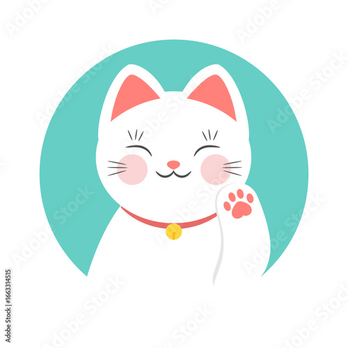 Maneki neko cute beckoning cat round icon. Vector illustration