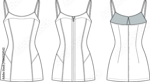 Bodycon Dress Technical Flat Sketch (CAD) | Fitted Silhouette Vector with Spaghetti Straps | Front & Back View

