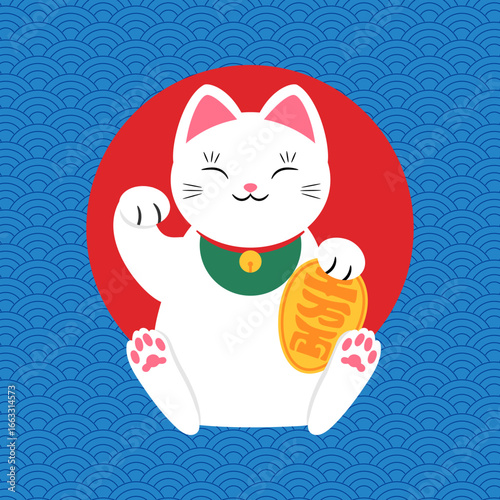 Happy lucky cat Maneki neko on Asian wavy pattern background. Beckoning cat wealth symbol. Vector illustration