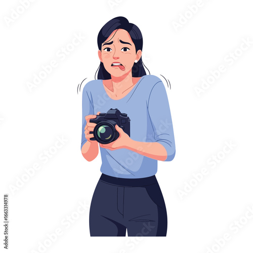 Hesitant Photographer: A young woman grapples with the camera, her expression reflecting a mixture of unease and curiosity, as she embarks on a new experience.