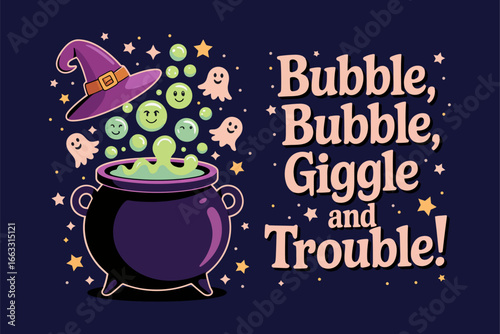 Witch stirring cauldron bubble bubble giggle and trouble Halloween party graphic cute clipart vector