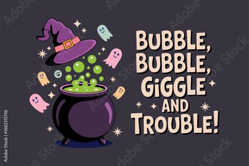 Cauldron with bubbles kawaii face bubble bubble giggle and trouble playful cartoon clipart vector