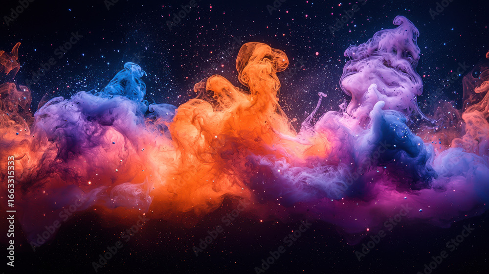 Obraz premium A vibrant splash of color, whether paint, water, or smoke, erupts from a dark canvas, creating an abstract pattern reminiscent of a watercolor explosion, symbolizing the concept of burst, explosion, 