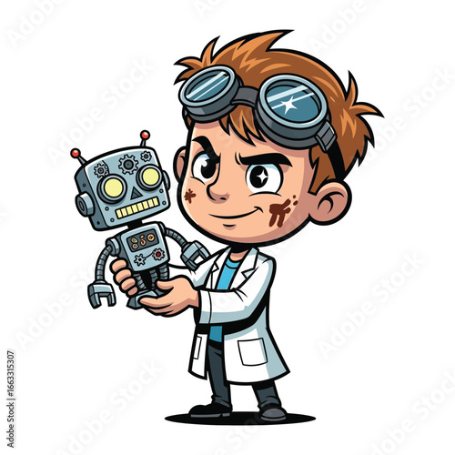 Young Inventor and Robot Companion: An energetic young inventor, donned with safety goggles and a lab coat, showcases his small robot companion, ready to embrace the world of science, innovation.