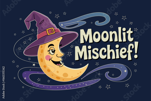 Moonlit mischief vector, crescent moon wearing witch hat, starry night swirl, cute Halloween illustration
