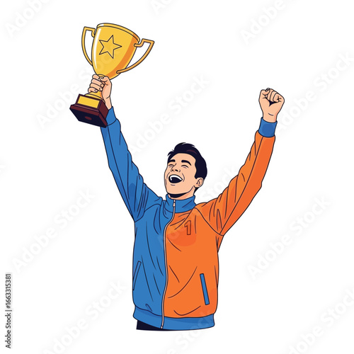 Victory Ascent: A triumphant figure exults in victory, raising a golden trophy high, showcasing success and achievement.