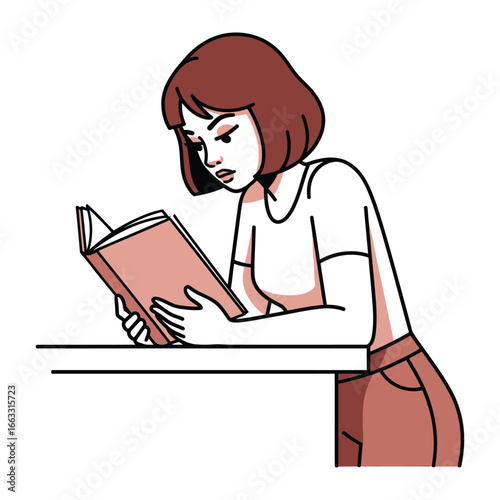 Intense Reading: A young woman engrossed in reading, absorbed in the world of the book in front of her, showcasing a quiet moment of contemplation.