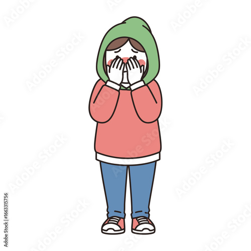 Candid Sadness: An illustration of a person standing with hands covering face, representing sadness and introspection.