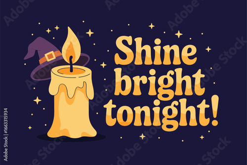 Shine bright tonight, cute wax candle, starlight sparkles, deep purple sky, festive Halloween illustration