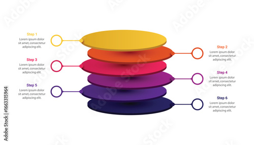 3d round layers stack infographic with 6 steps