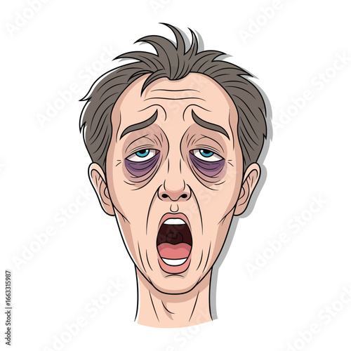 Exhaustion: a close-up, stylized illustration of a weary man, his face a canvas of fatigue, with shadowed eyes, an open mouth, and the unmistakable marks of sleep deprivation.