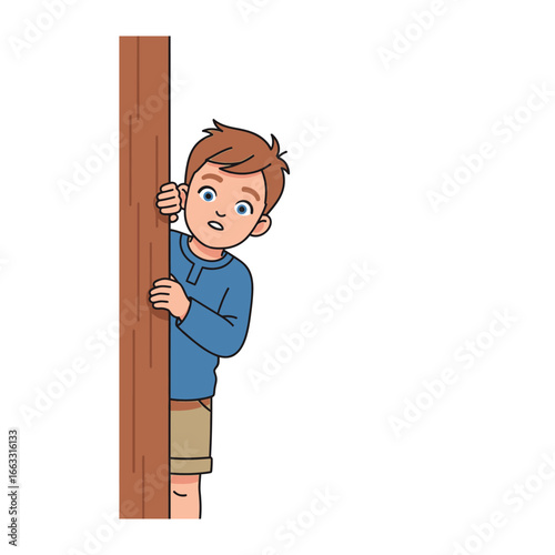 Curious Boy Hiding: A curious young boy peeks from behind a wooden post, his face alight with playful intrigue. The illustration captures the essence of childhood curiosity and adventure.