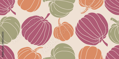 Seamless colorful silhouette pattern of pumpkins in orange, green, and burgundy tones. Decorative autumn vector design for textiles, wrapping paper, and festive projects.