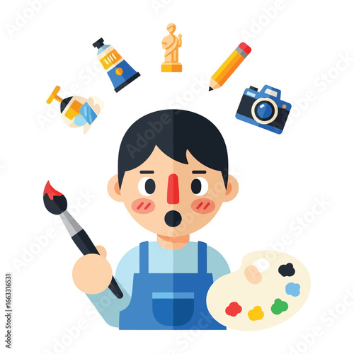 Artist's Vision: An artist, brimming with ideas, holds a brush and palette, surrounded by artistic tools, envisioning creative pursuits. 