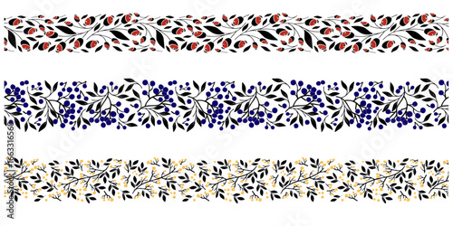 Vector seamless botanical borders with rosehip, rowan berries and yellow branches. Decorative nature set in red, blue and yellow for design, packaging, fabric and seasonal patterns.