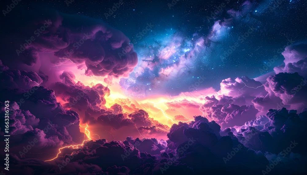 Naklejka premium Cosmic Storm Clouds Vibrant Purple and Pink Hues with Golden Lightning