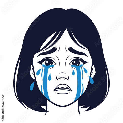 Tears of Sadness: A poignant illustration of a young woman overwhelmed by sorrow, captured in an evocative digital art piece, her teardrops a testament to her profound grief.
