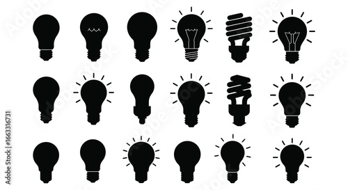 Collection of various light bulb shapes and styles in black silhouette