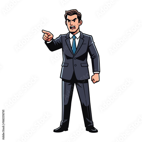 Anger's Authority: A stern business person in a power suit, fiercely pointing, radiating authority and disapproval.