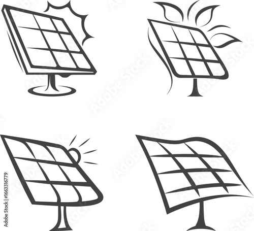 Set of solar panel icons vector illustration, renewable energy symbols with sun, leaves, eco friendly, sustainable electricity, clean energy, green technology, power generation, and environment