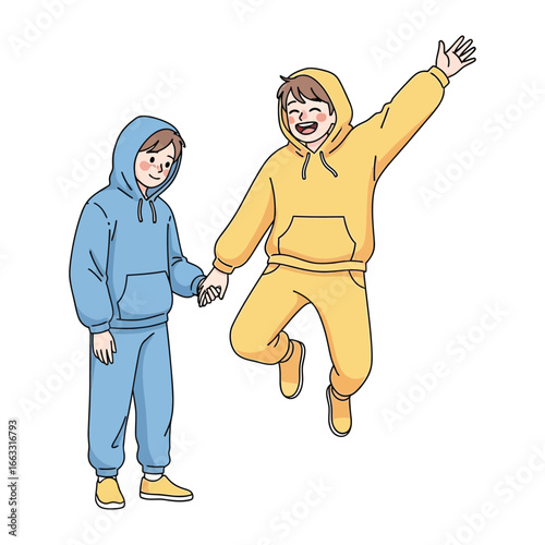 Joyful Connection: Two individuals, donned in colorful hoodies, celebrate a moment of connection and happiness. One person joyfully leaps, capturing a carefree spirit.
