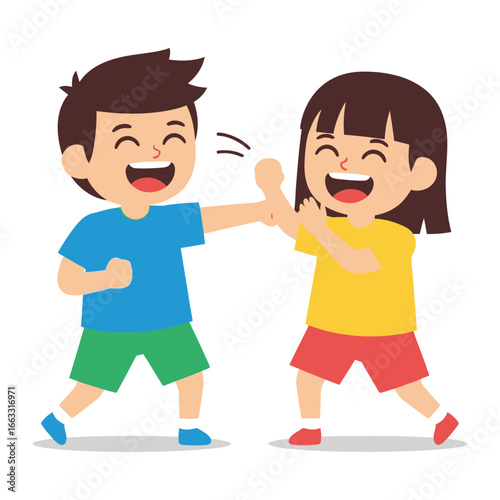 Joyful Youthful Interaction: Two animated children, immersed in a playful moment of enthusiastic fun, laugh and enjoy a joyful interaction. The image encapsulates the essence of innocent camaraderie.