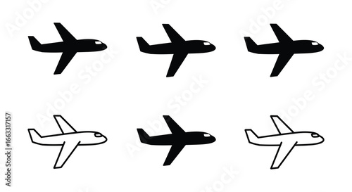 Airplane icons in various styles and colors on a white background