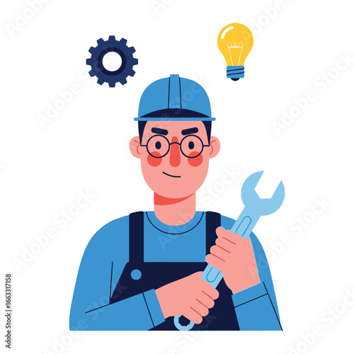 Innovative Mechanic: A skilled mechanic, in a work-ready outfit, radiates competence, with a glowing idea bulb and cogwheel symbol as design elements around his head.
