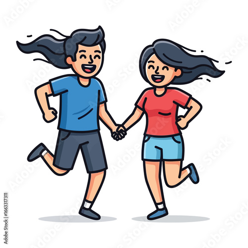 Joyful Run: In a cheerful embrace, two smiling companions embark on a spirited adventure, hand-in-hand. capturing the spirit of friendship and shared happiness.